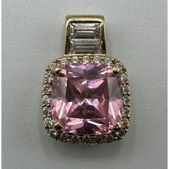 Pink Stone Necklace Pendant Gold Over Sterling Silver CZ Square Halo Setting - Picture 3 of 11